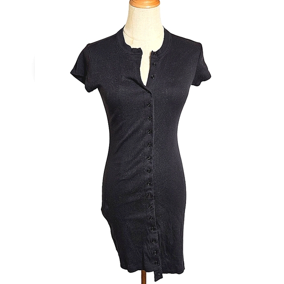 Reformation Black Ribbed Button Front Mini Dress - Picture 1 of 8